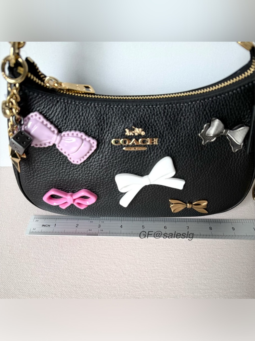 Coach Teri Shoulder Bag Black Pebble Leather Bow Charm Set CDY93 NWT - Picture 6 of 15